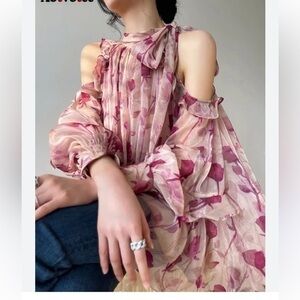 New Aconiconi Boho Floral Tulip Blouse Cold Shoulder Ruffle Cream Pink Size S